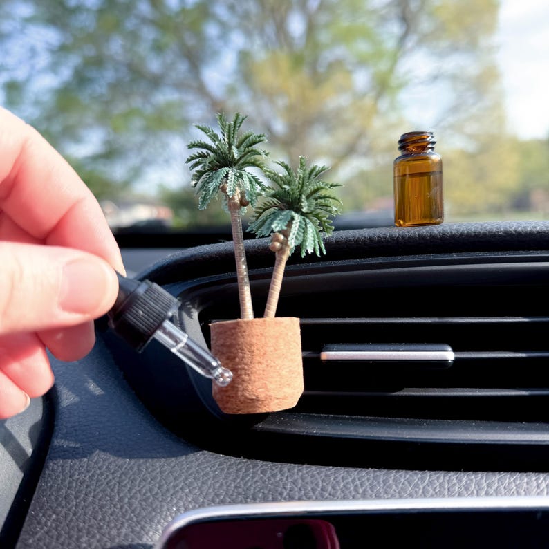 May include: A miniature palm tree air freshener in a brown pot, placed on a car dashboard. A small amber bottle and a dropper are also visible. The palm tree has green leaves and brown trunks. The car's air vent is in the background.
