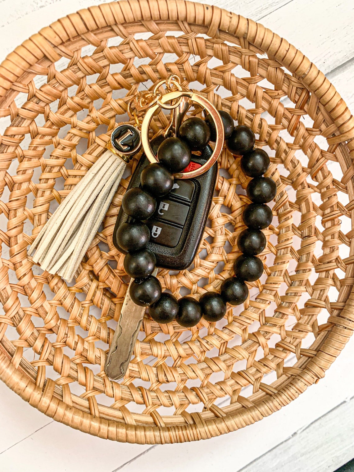 Wood Bead Keychain Wooden Bangle Key Chain Large Bead Etsy