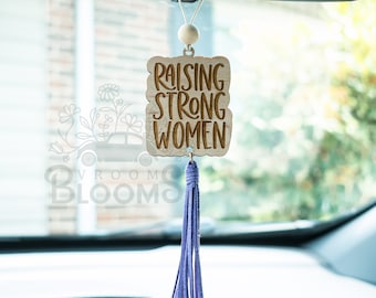 RAISING STRONG WOMEN Car Charm | Rearview Mirror Charm | Car Accessories | Rearview Mirror Hanger with Tassel | Feminist Car Charm