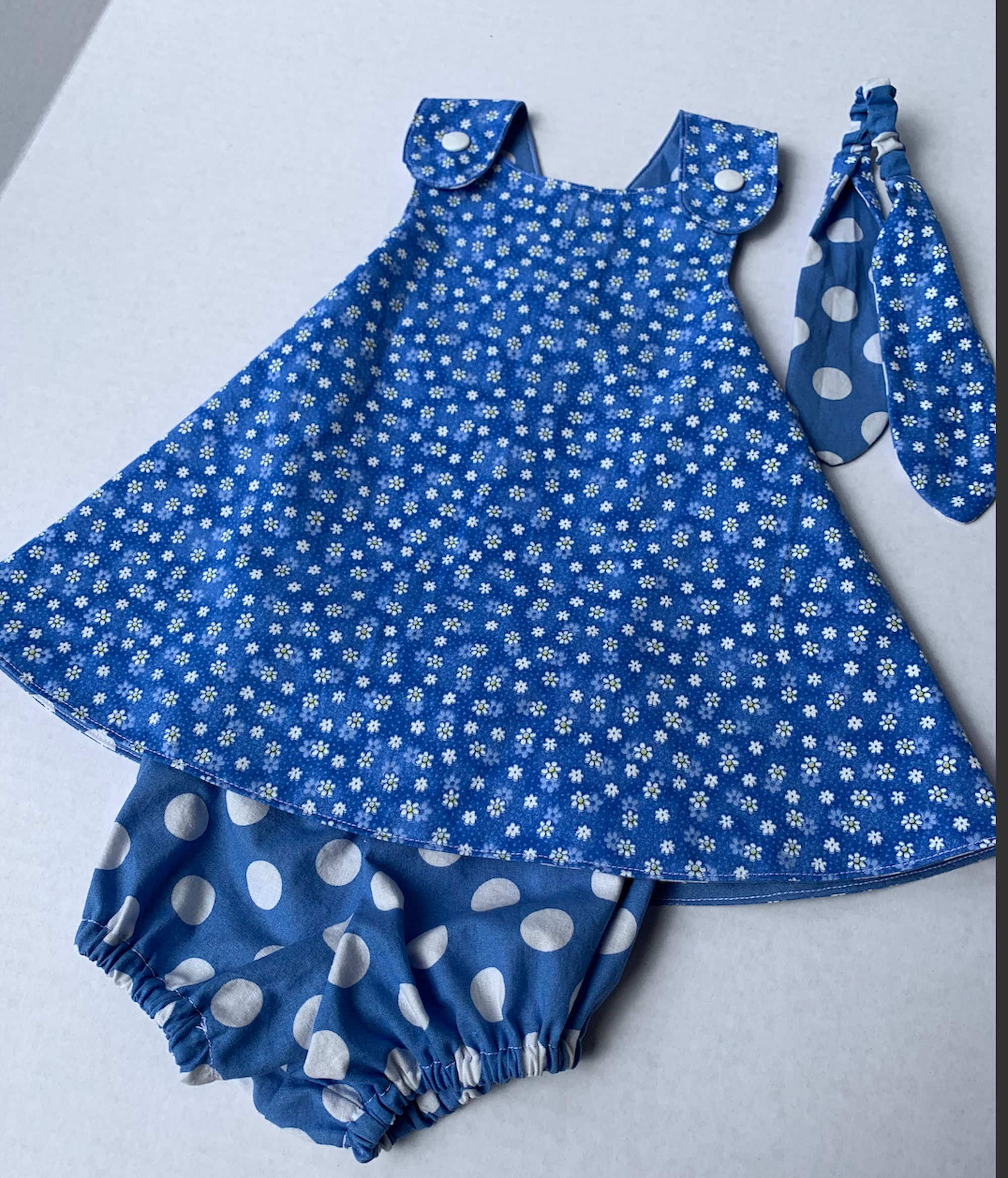 Blue Daisy Reversible Baby Girl Dress Criss Cross Pinafore Etsy