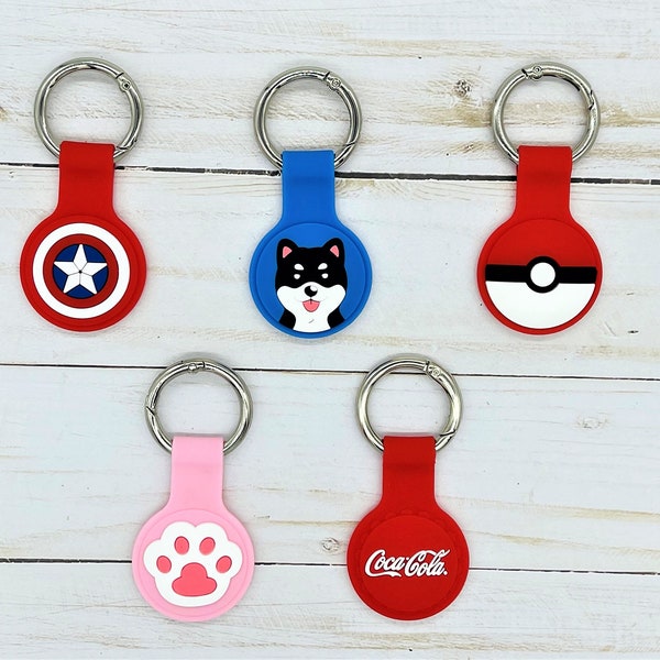 Airtag Case Holder for Apple Air tag Silicone Keychain Ring Clip Protector Holder Pokeball Dog Cola Captain America Pet Pink Paw