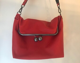 “Purse” bag, beautiful red leather with metal purse-style clasp, chic and practical