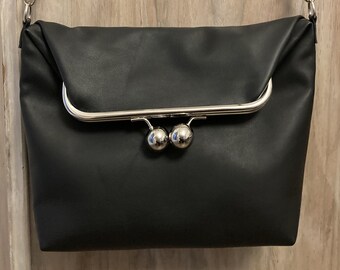 “Purse” bag, beautiful black leather with purse-style clasp, chic and practical