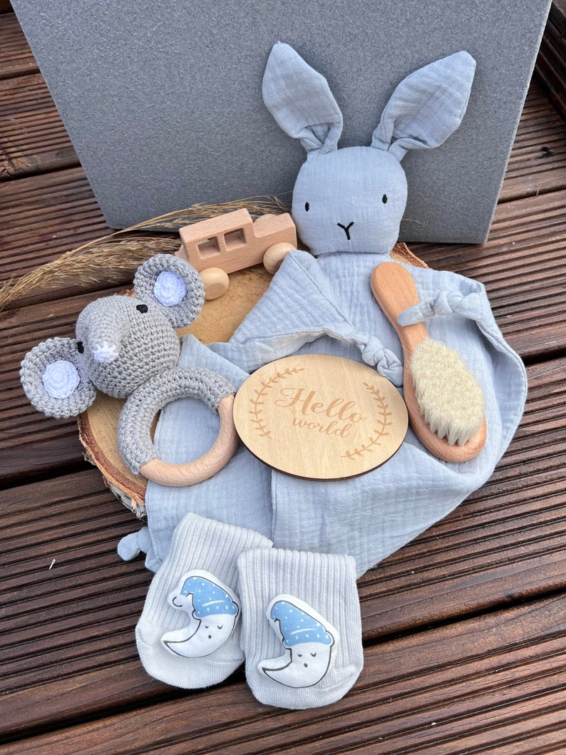 Geschenkset kleiner Elefant Anton für Babyparty, Taufe, Geburt oder einfach mal so personalisierbar mit Namen XXL 6 Teile Bild 2