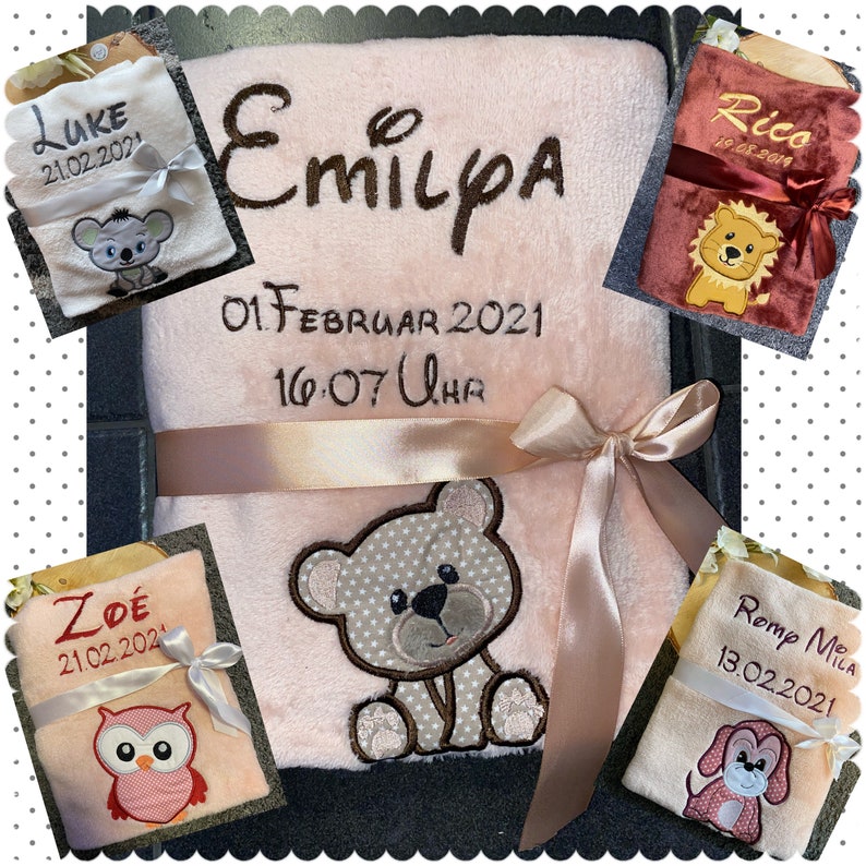 Cuddly soft baby blanket that can be personalized and embroidered with a name, date and appliqué image 1