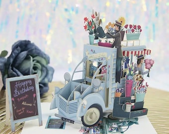 3D pop up card flower seller / flower car / birthday card / voucher card in two different colors