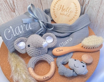 Geschenkset „kleiner Elefant Baboo “ für Babyparty, Taufe, Geburt oder einfach mal so personalisierbar mit Namen - XXL 6  Teile - Farbe grau