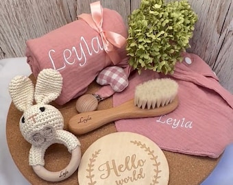 Geschenkset „kleiner Hase Hoppel“ für Babyparty, Geburt, Taufe oder einfach nur mal so, personalisierbar mit Namen-XXL 6 Teile