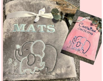 Babydecke kleiner Elefant personalisierbar mit Namen, Datum bestickt für Jungen und Mädchen