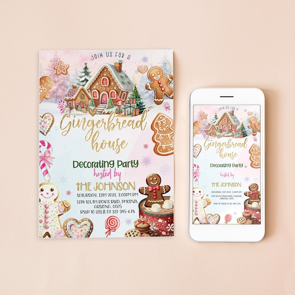 Editable Christmas Party Invitation, Christmas Party Invite, Gingerbread House Decorating Party Invitation