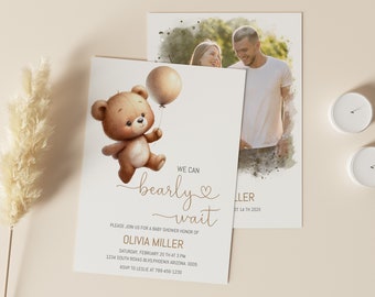 Teddy bear baby shower invitation template, we can bearly wait baby shower invite, bear with balloons baby shower download, Gender neutral