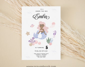 Editable Mermaid Birthday Party Invitation Girl Pink Purple Mermaid Birthday Under The Sea Download Printable Template Little mermaid corjl