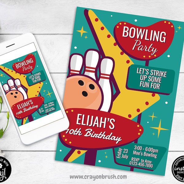 Editable Bowling Birthday Invitation, Strike Up Some Fun Boy Bowling Party,  Retro Bowling, Instant Download, Printable Template Corjl