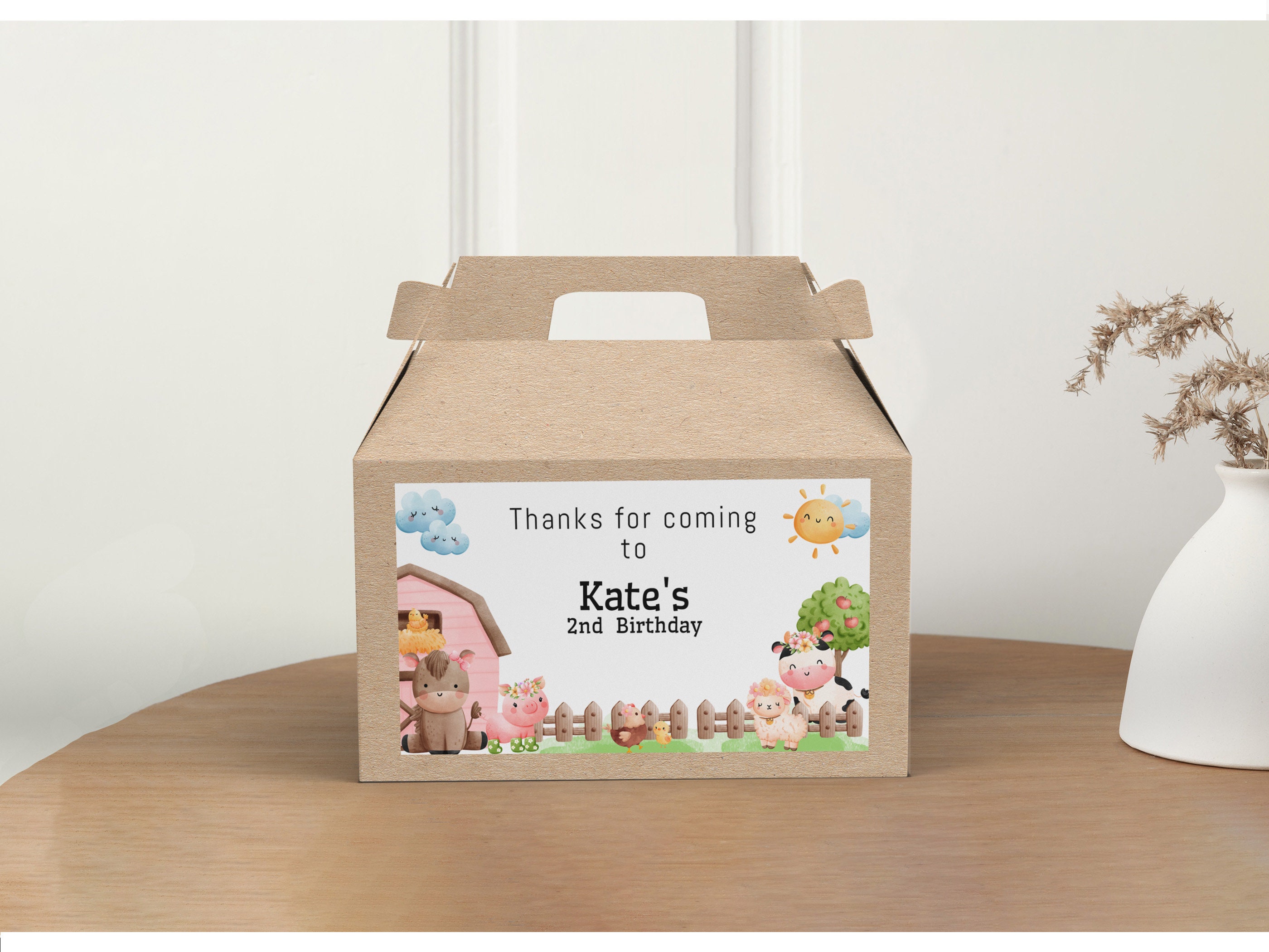 Editable Farm Animals Gable Gift Box Label Pink Farm Birthday - Etsy