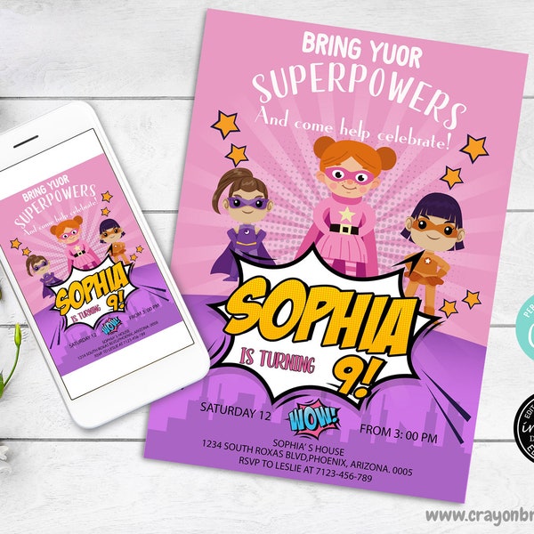 SUPERHERO GIRL INVITATION, Editable Girl Superhero Birthday Party Invitation, Superhero girl Invite, Superhero Girl Birthday Invitation 0001