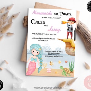 Mermaid And Pirate Birthday Invitation, Sibling Mermaid & Pirate Invite, Sibling Mermaid Pirate Party, Instant Download Editable