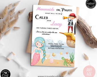 Mermaid And Pirate Birthday Invitation, Sibling Mermaid & Pirate Invite, Sibling Mermaid Pirate Party, Instant Download Editable