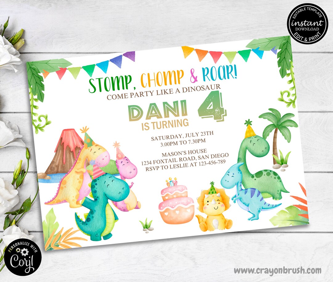 Dinosaur Invitation, Dinosaur Birthday Party, Dino Invitations
