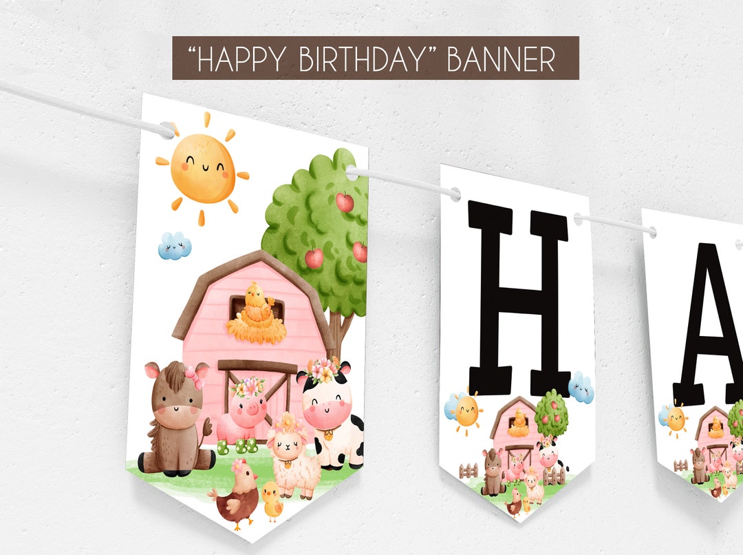 Happy Birthday Banner Farm, Birthday Banner Pink Farm Animals, Barnyard ...