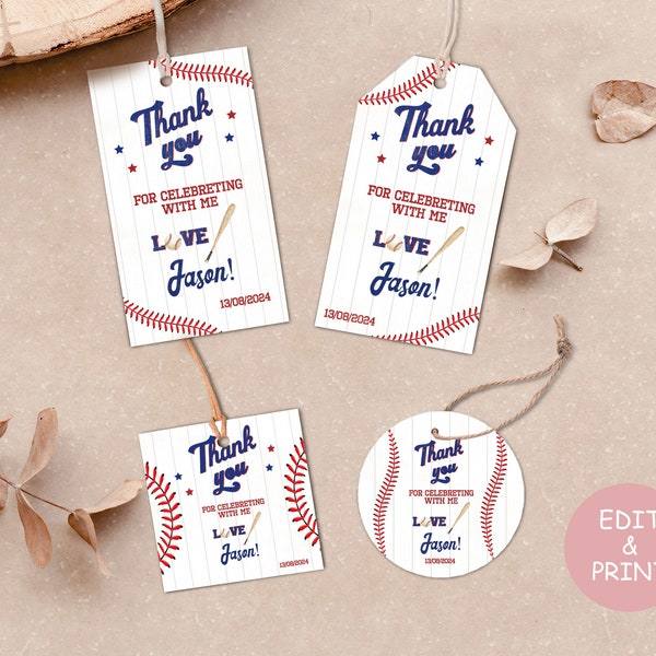 Rookie of the Year First Birthday Favor Tags, Baseball Birthday Tag Template, Printable Rectangle Favor Tags,Thank You Tag 1st Birthday B007