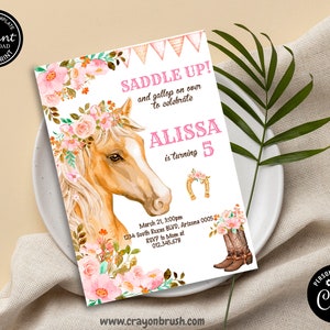 Horse Birthday Invitation Girl, Saddle Up Watercolor, cowgirl Party, Horse Invite Pink Floral, Download Printable, Template Corjl