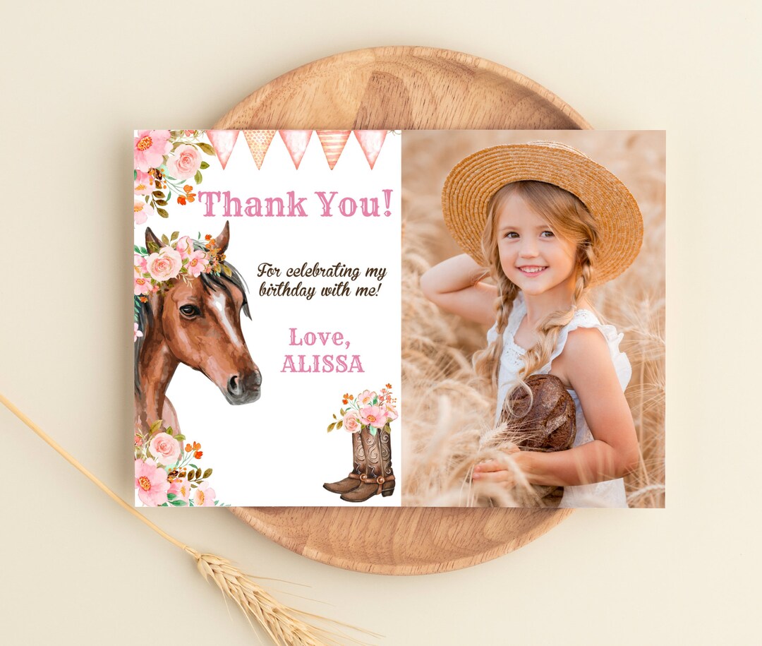 Editable Horse Thank You Card Note Girl Birthday Party Cowgirl ...