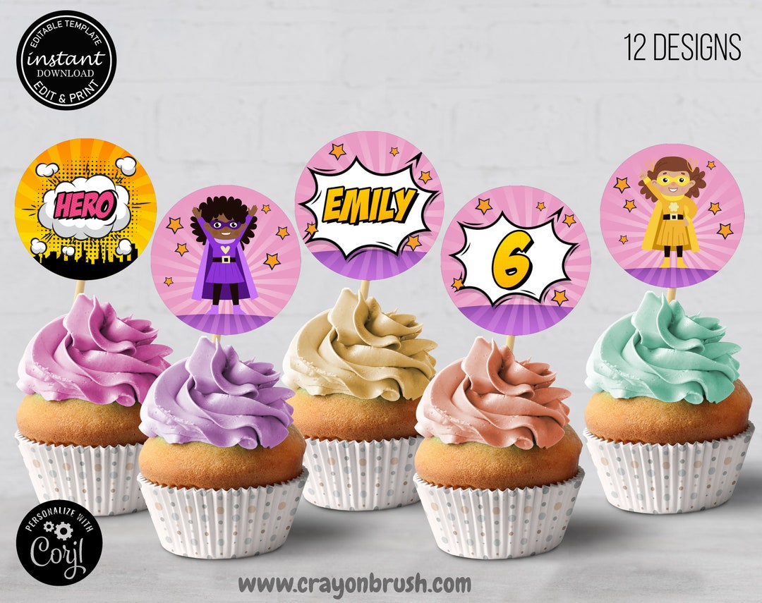 SUPERHERO GIRL Cupcake Toppers Templateprintable Superhero Etsy