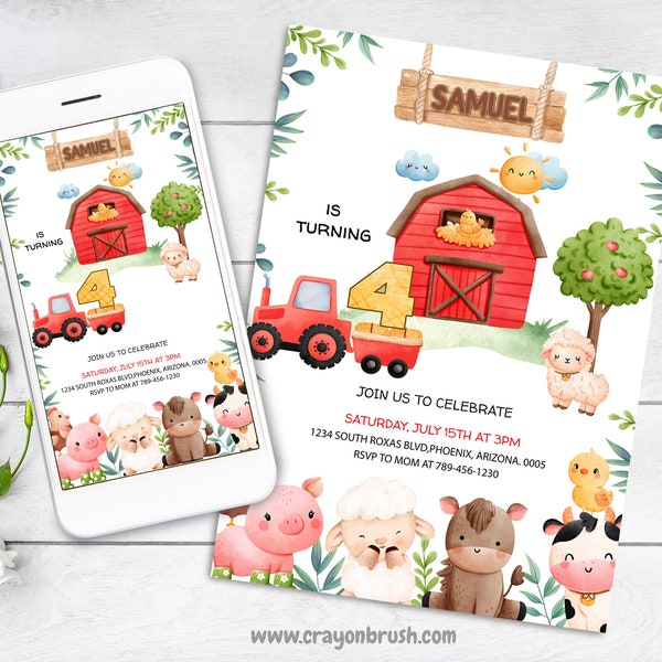 Farm Birthday Invitation EDITABLE Farm Invitation, Barnyard Invite, Old McDonald, Farm Animals Birthday, Country Barnyard Party, B002