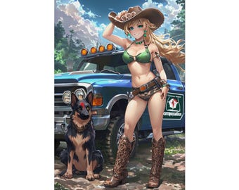 Cowgirl Adventure Rolled Poster, Western-Dekor, Natur Kunst, Rustikale Wandkunst, Landhaus, Cowboy Thema, Geschenk für Hundeliebhaber