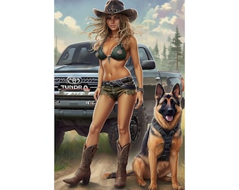 Posterdruck aus Satin: Wilder Westen, Cowgirl und Hund, rustikales Wohndekor, Cowboy ästhetik, Geschenk für Tierliebhaber, westliches Dekor