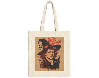 Vintage Hexe Einkaufstasche, gruselige Halloween Tasche, Hexe Kunst Tasche, Katzenliebhaber Geschenk, Süßes oder Saures Tote
