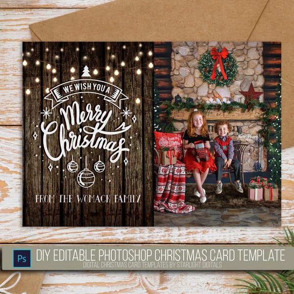 Christmas Card Template, Digital  Photoshop Template for Photographers, 5x7 Rustic Country Farmhouse Christmas Card