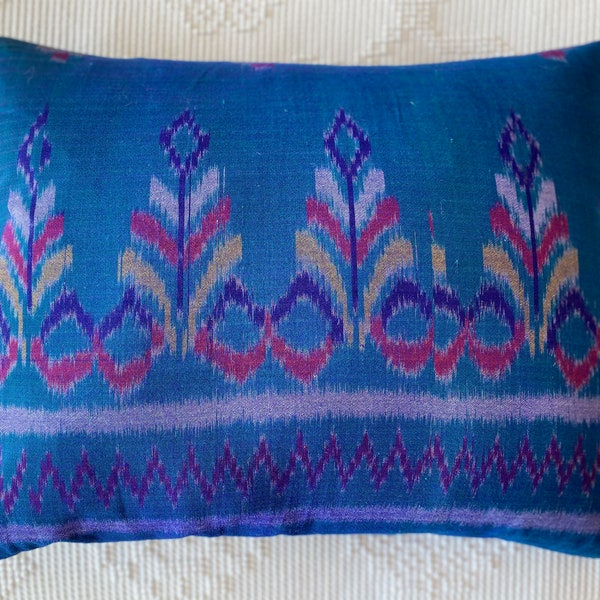 Set of 2 Cambodian Ikat Silk Decorative Pillows,Blue, Pink and Lavender Colored Cover and Feather Fill Included