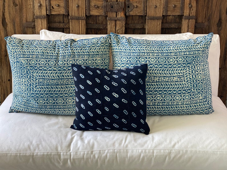 African Burkina Faso Down and Feather Fill Included Vintage Indigo Mud Cloth Textile Pillow