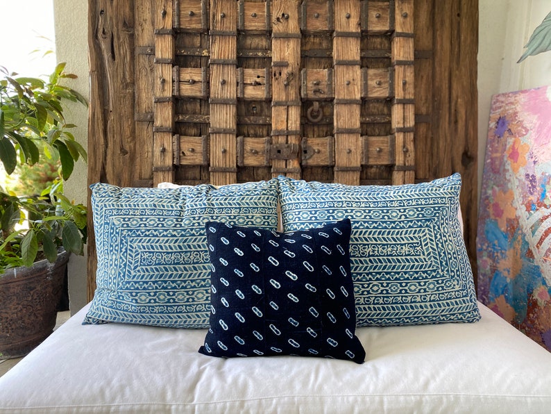 African Burkina Faso Down and Feather Fill Included Vintage Indigo Mud Cloth Textile Pillow