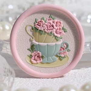 Timbro sigillo di cera 3D caffè e rosa/Tazza di caffè con fiore Kit sigillatura cera/Buste regalo di compleanno sigillo timbro