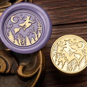 Timbro di ceralacca "Strega e scopa"/Kit di ceralacca "Strega e foresta"/Timbro di sigillo per buste regalo di Halloween