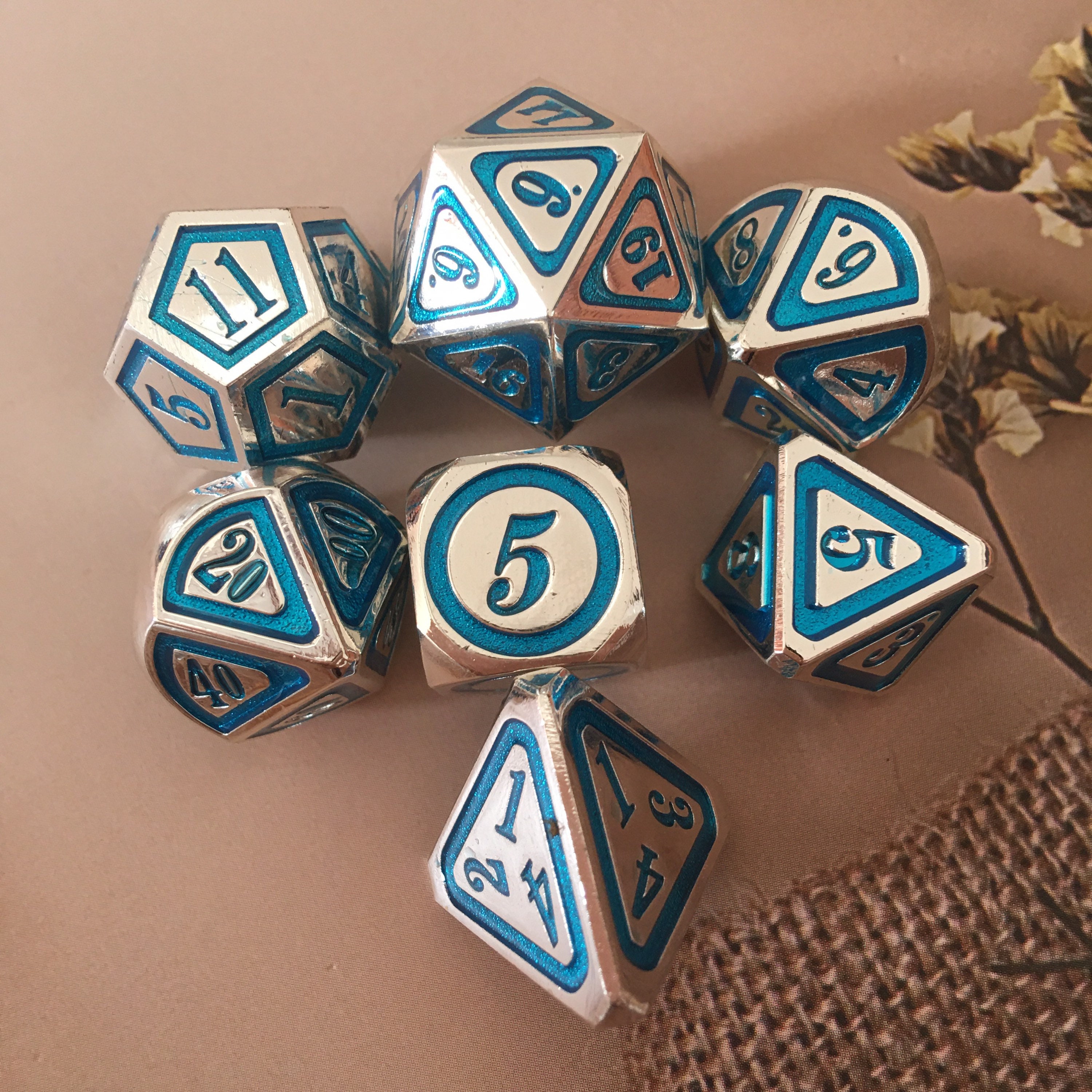 LoveinDIY 14 Pieces Polyhedral Metal Dice for D&D Pathfinder RPG Game Silver and Blue