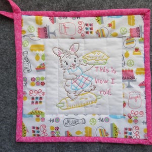 Retro Funny Hand-Embroidered Potholder--This Is How I Roll--Baker Bunny With Roling Pin And Pie