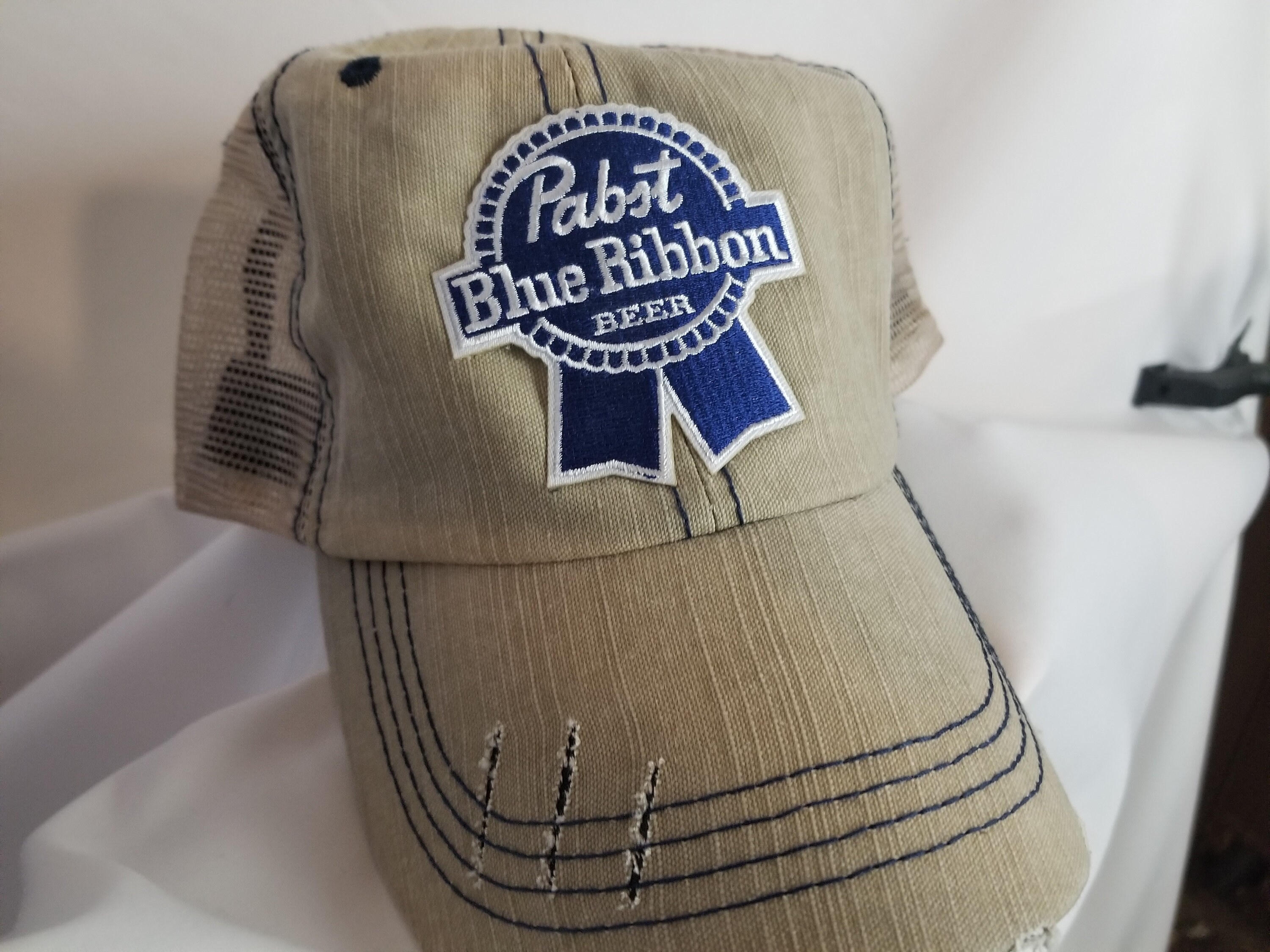 Beige Pabst Beer Cap/hat With Embroidered Patch, Mesh Sides/back