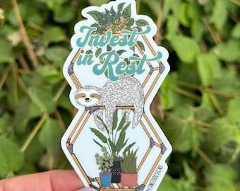 Invest in Rest Sticker | Moment of Zen, Personal Growth, Plant Sticker, Sloth Sticker, Plant Patent Sticker, Waterproof Vinyl Sticker