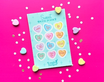 Sweet Social Justice Conversation Hearts STICKER SHEET | Valentine’s, Galentine’s, Anti Valentine’s Sticker, Feminism, Waterproof Sticker