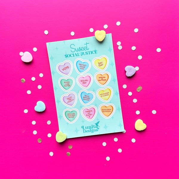 Sweet Social Justice Conversation Hearts STICKER SHEET | Valentine’s, Galentine’s, Anti Valentine’s Sticker, Feminism, Waterproof Sticker