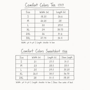 a collection of clothing items, including a t-shirt and a sweatshirt, with various sizes and widths. The t-shirt is labeled Comfort Colors Tee 1717, and the sweatshirt is labeled Comfort Colors Sweatshirt 1566. The image provides a visual representation of the different sizes and widths available for these clothing items.
