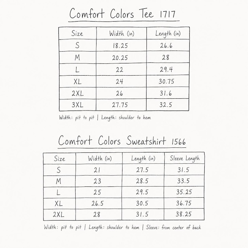 a collection of clothing items, including a t-shirt and a sweatshirt, with various sizes and widths. The t-shirt is labeled Comfort Colors Tee 1717, and the sweatshirt is labeled Comfort Colors Sweatshirt 1566. The image provides a visual representation of the different sizes and widths available for these clothing items.