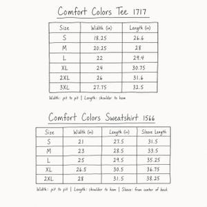 a collection of clothing items, including a t-shirt and a sweatshirt, with various sizes and widths. The t-shirt is labeled Comfort Colors Tee 1717, and the sweatshirt is labeled Comfort Colors Sweatshirt 1566. The image provides a visual representation of the different sizes and widths available for these clothing items.