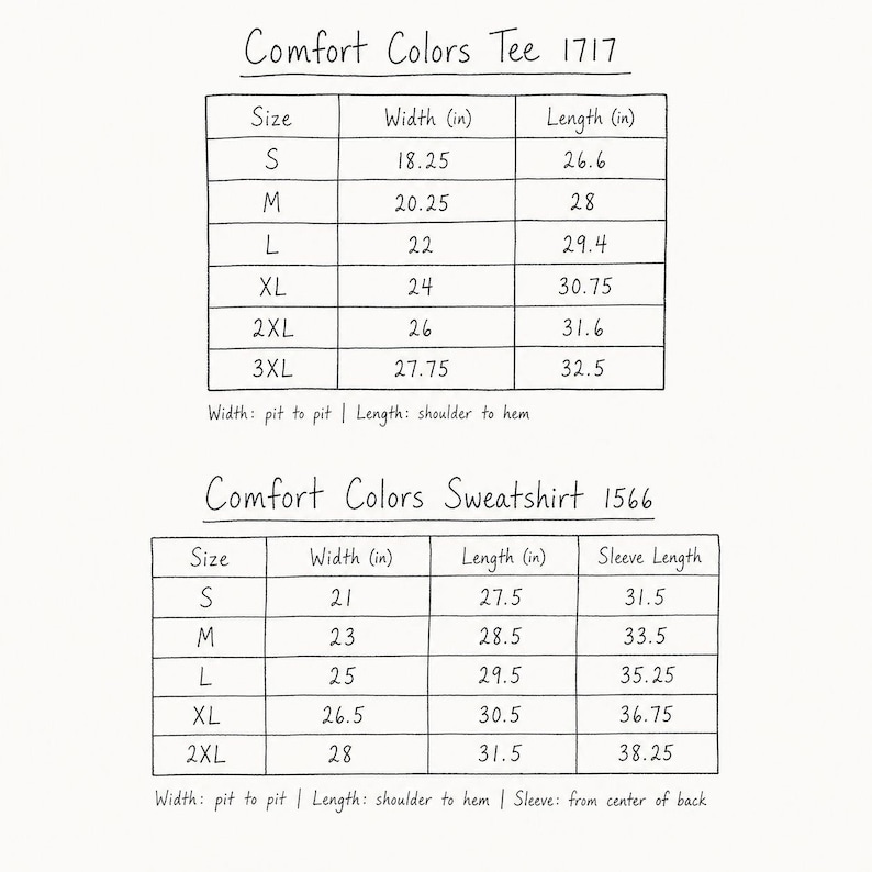 a collection of clothing items, including a t-shirt and a sweatshirt, with various sizes and widths. The t-shirt is labeled Comfort Colors Tee 1717, and the sweatshirt is labeled Comfort Colors Sweatshirt 1566. The image provides a visual representation of the different sizes and widths available for these clothing items.