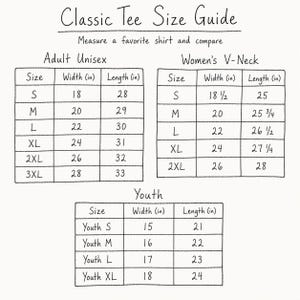 The image is a guide that provides size recommendations for different age groups, including adult males, adult females, women's v-necks, and youth. It includes tables and charts to help users compare the sizes of various shirts.