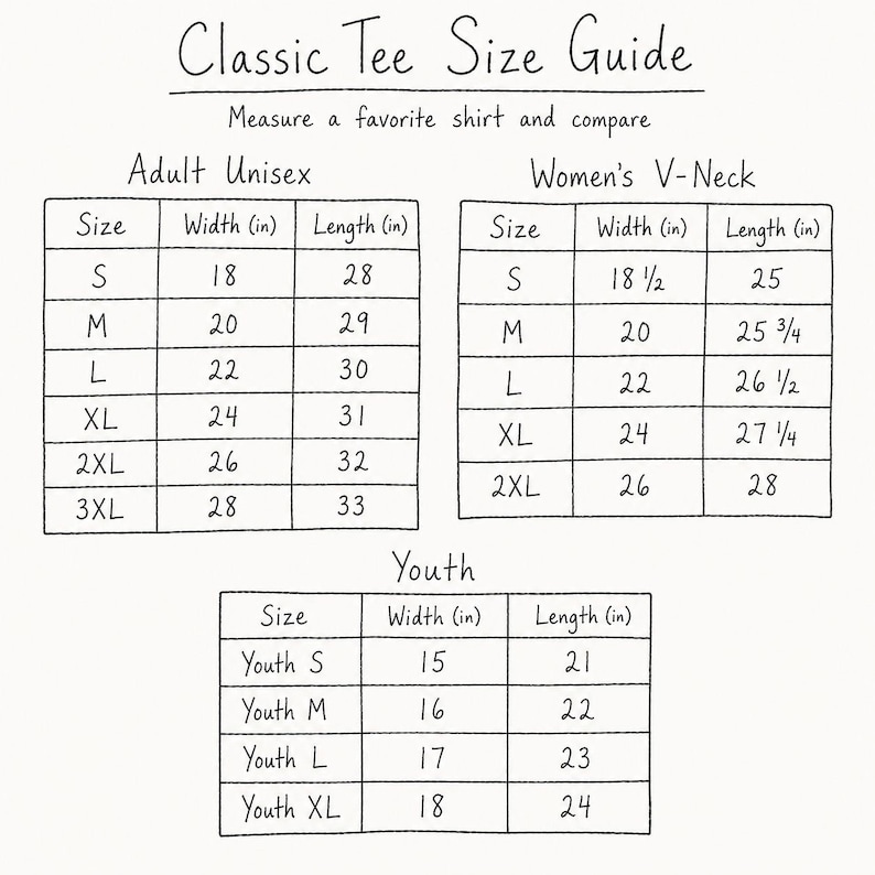 The image is a guide that provides size recommendations for different age groups, including adult males, adult females, women's v-necks, and youth. It includes tables and charts to help users compare the sizes of various shirts.