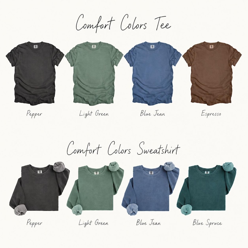 a collection of t-shirts in various colors, including black, green, blue, brown, light green, blue jeans, and blue spruces.